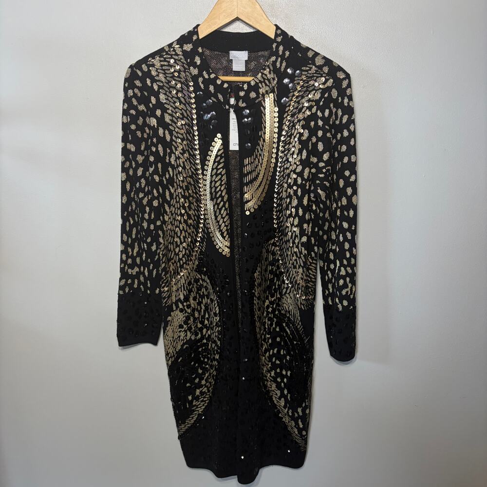 Chico's NWT Sweater Beaded Status Knit Cardigan Gold Sequin Duster Evening 1/M